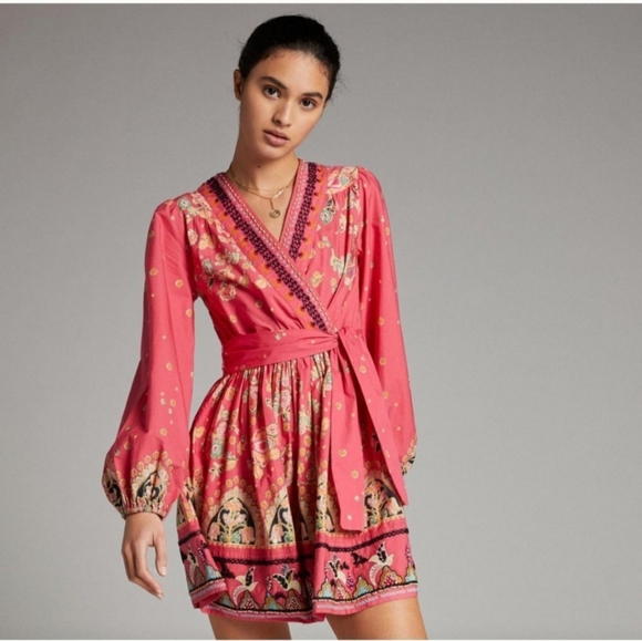 Anthropologie Raquel Long Sleeve Beaded Embroidered Mini Wrap Dress Pink M - Picture 3 of 17
